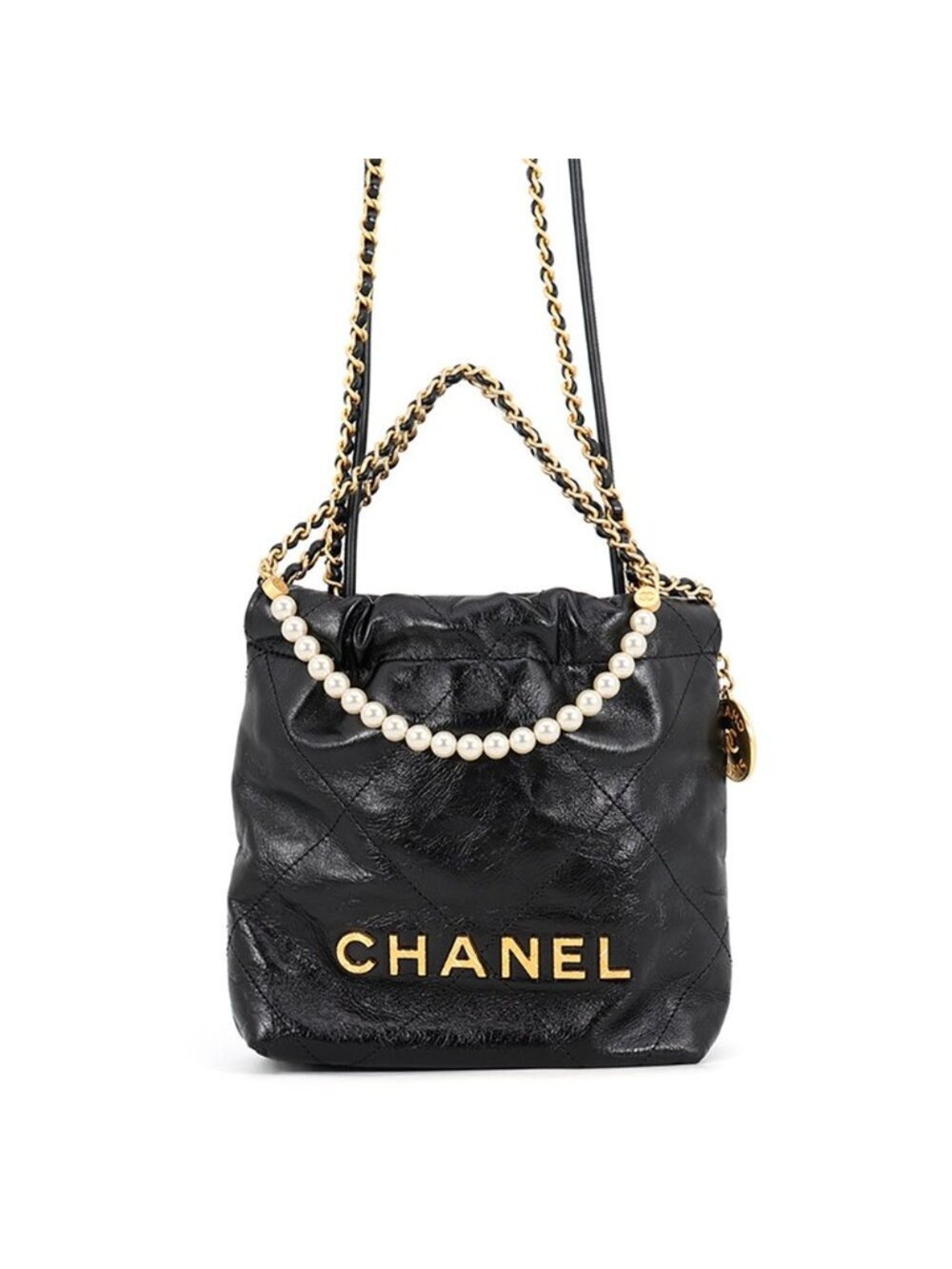 Chanel Handbag Chanel 22 Mini CC Logo Pearl Shiny Calfskin 2-Way Shoulder Black